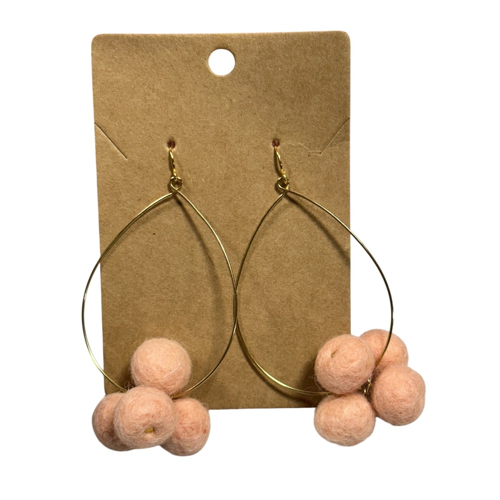 YOCHI Teardrop Pom Pom Peach Pink Wool Gold Tone Large 3" Drop Pierced